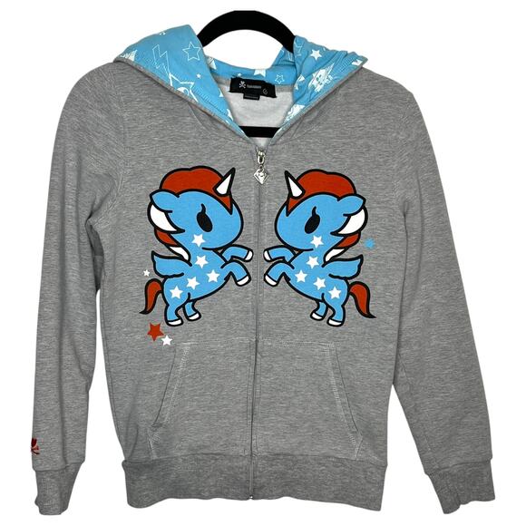 Tokidoki Unicorno Heather Grey Full Zip Hoodie Pattern Lined Hood Blue Small - Picture 1 of 10